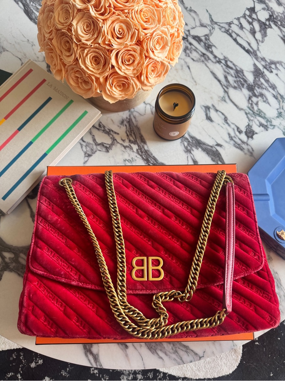 Balenciaga Red Quilted Velvet Chain Shoulder Bag with Gold BB Logo